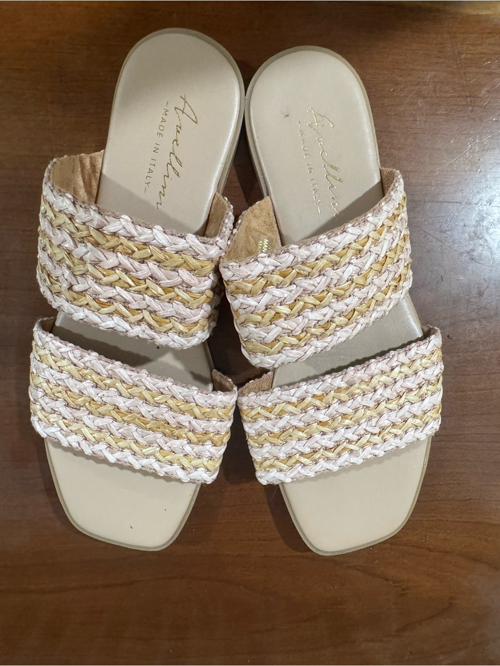 Avellini Cream and Tan Braided Double-Strap Slide Sandals